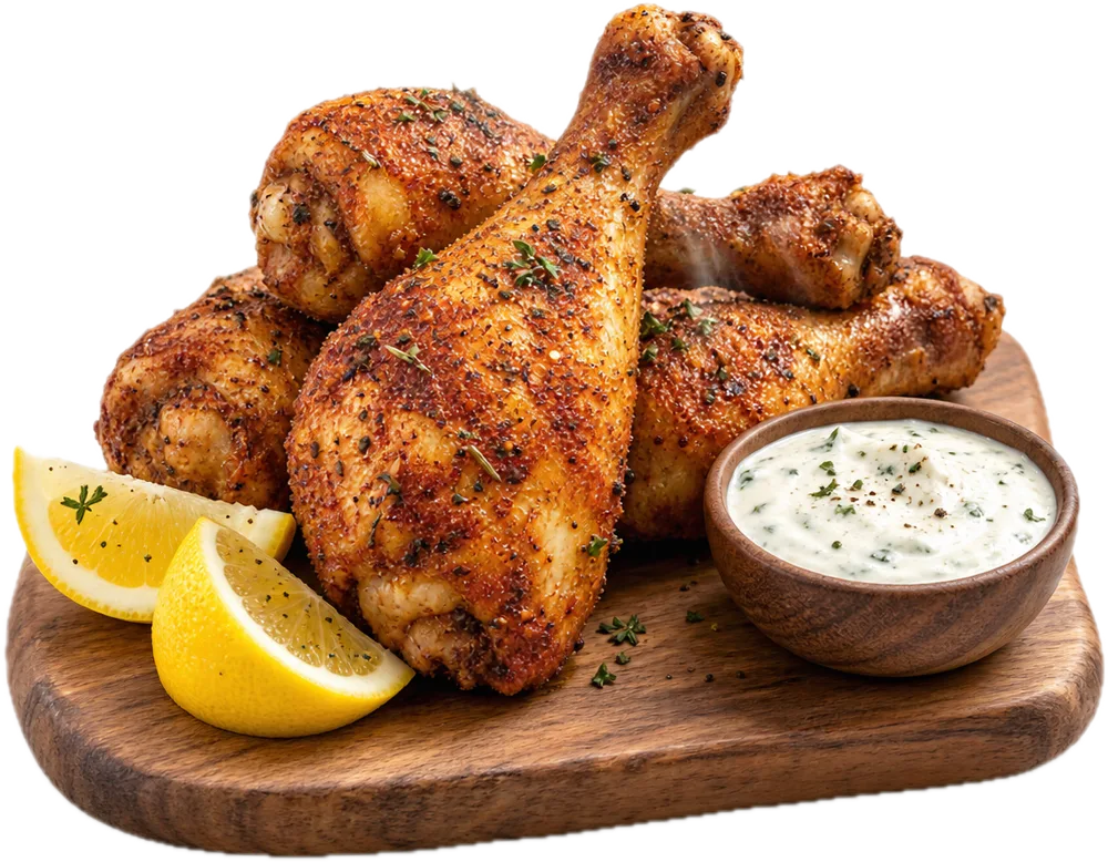 Krokante kippenboutjes met paprika en kruiden op een plankje