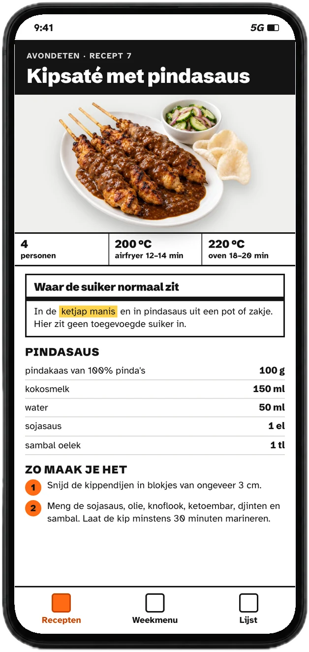 Een recept in de app: kipsaté met airfryer- en oventemperatuur