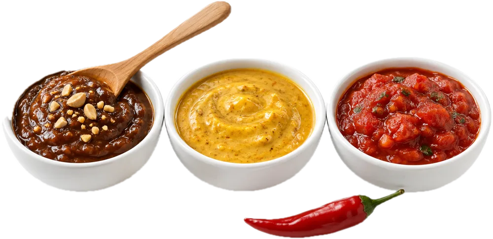 Drie kommetjes zelfgemaakte saus: pindasaus, kerriesaus en tomatensaus